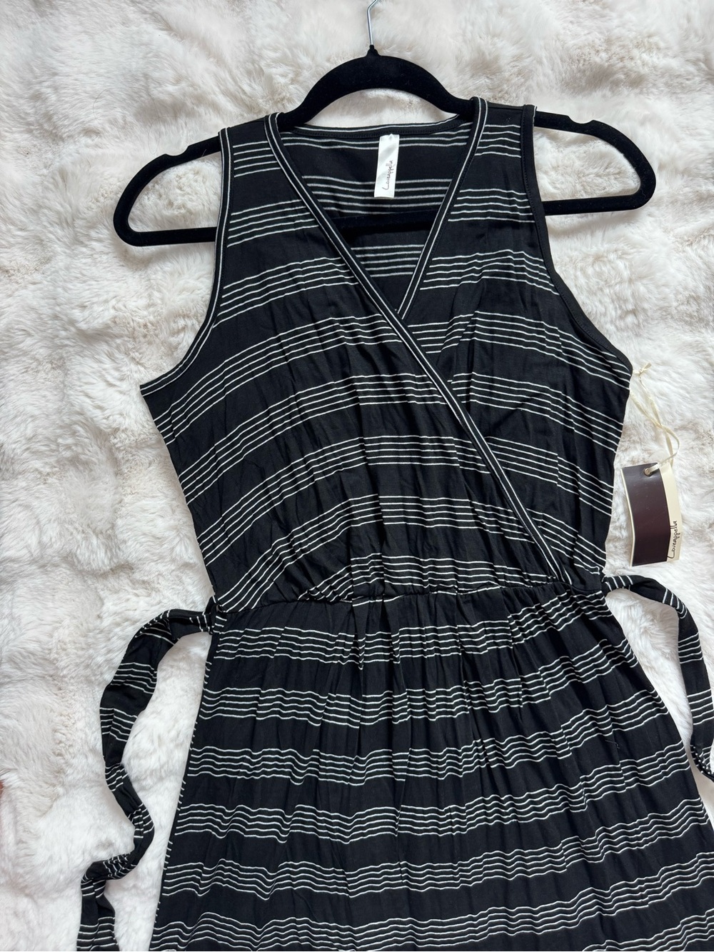 Loveappella Black & White Striped Faux Wrap Mini Dress - Picture 2 of 6